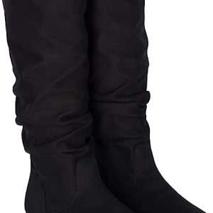 KNEE HIGH BOOTS - BLACK - Women's Slouchy Faux Leather Knee High Flats Boots SIZE: 12