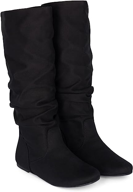 KNEE HIGH BOOTS - BLACK - Women's Slouchy Faux Leather Knee High Flats Boots SIZE: 12