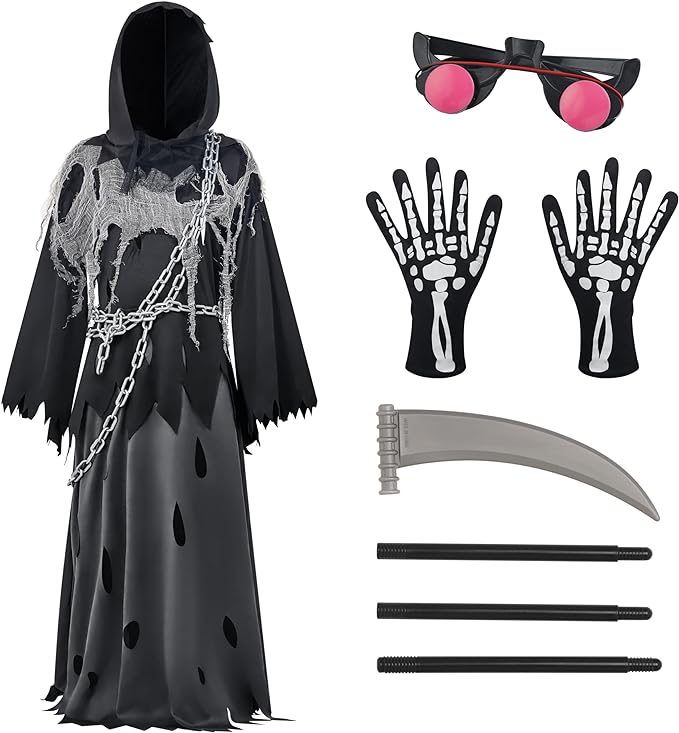 HALLOWEEN - Child Unisex Glowing Eyes Grim Reaper Costume SIZE: MEDIUM(8-10) - Image 5