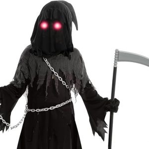 HALLOWEEN - Child Unisex Glowing Eyes Grim Reaper Costume SIZE: MEDIUM(8-10)