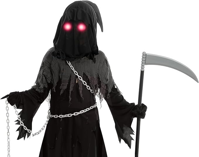 HALLOWEEN - Child Unisex Glowing Eyes Grim Reaper Costume SIZE: MEDIUM(8-10)