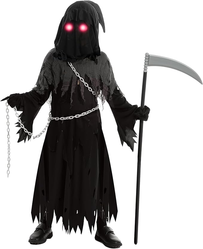 HALLOWEEN - Child Unisex Glowing Eyes Grim Reaper Costume SIZE: MEDIUM(8-10) - Image 2