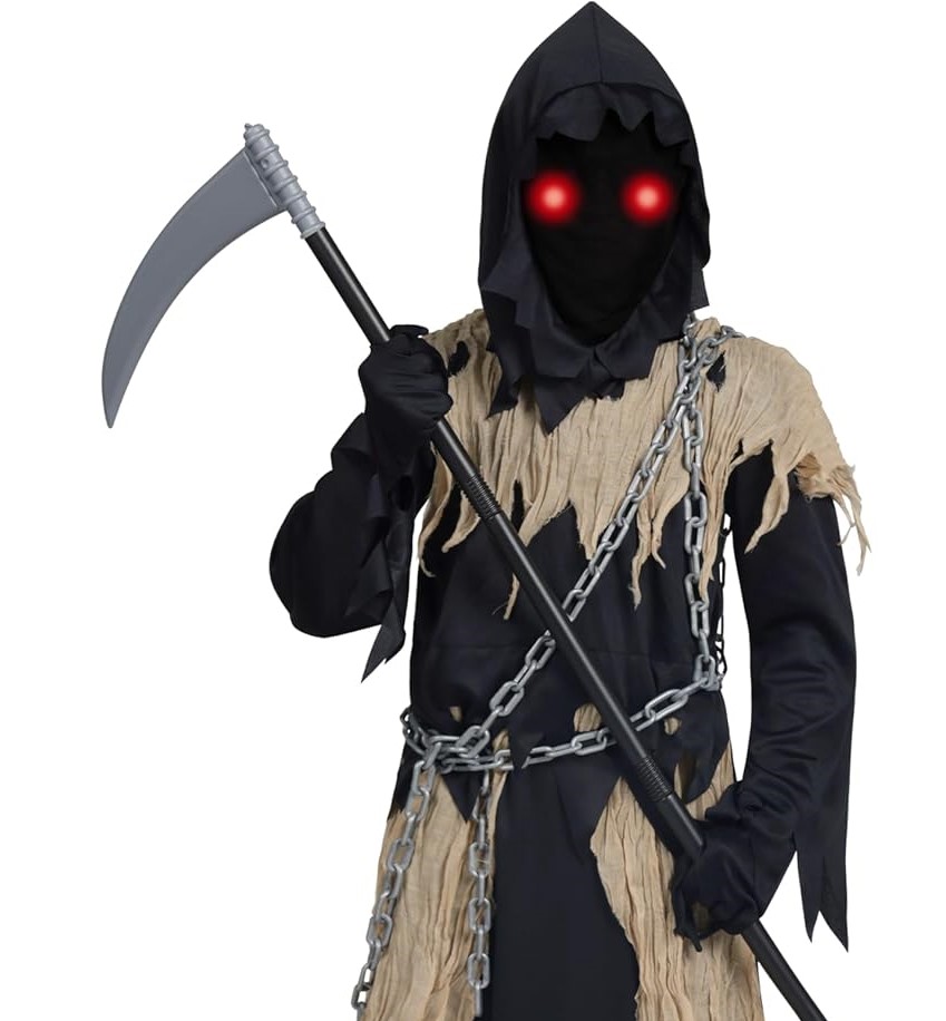 HALLOWEEN - Child Unisex Glowing Eyes Grim Reaper Costume BROWN - LARGE(10-12)