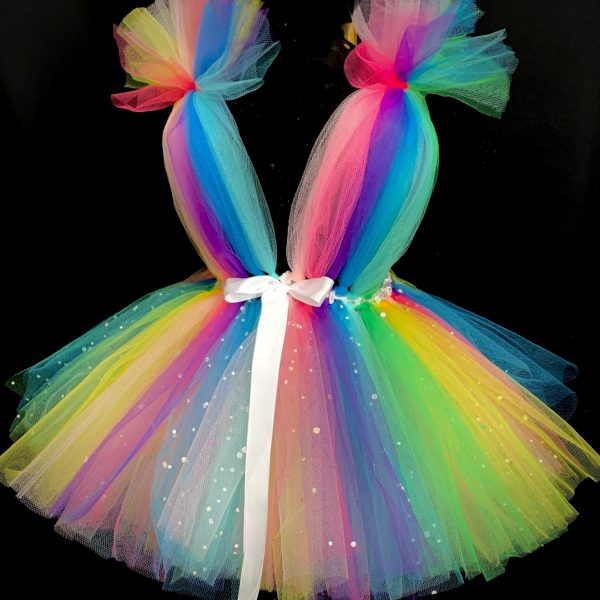 CUSTOM MADE Child tutu dress – Colorful Rainbow Pom Pom Tutu Dress SIZE: Fits 2-3yrs
