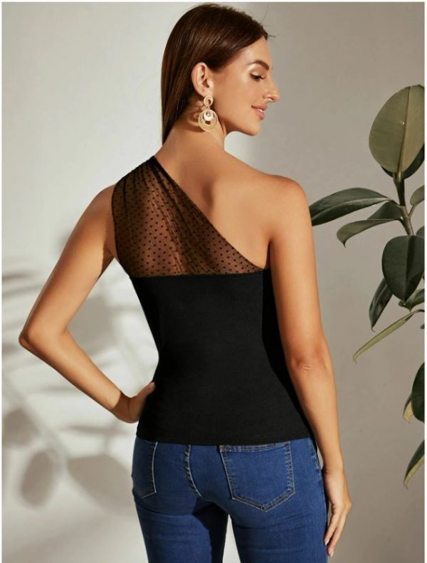 One Shoulder Dot Flocked Mesh Yoke Top SIZE SMALL - Image 2