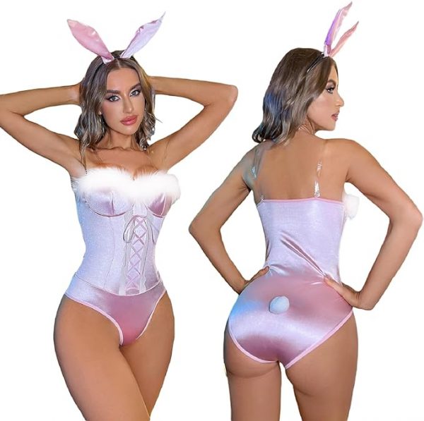 SEXY BUNNY - Women Halloween Sleeveless Fur Trim SATIN Bunny Romper Costume SET - Image 2