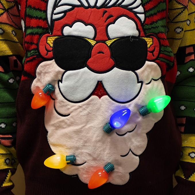 Christmas Holiday Ugly Sweater with Built-in Light-up Bulbs - RED Santa - Image 6