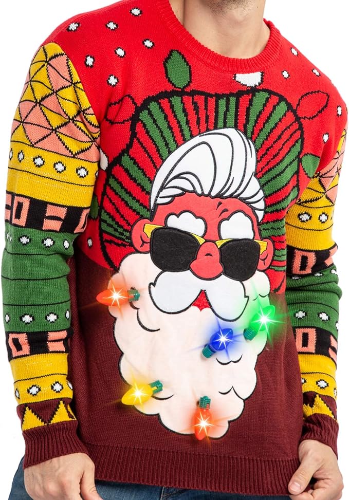 Christmas Holiday Ugly Sweater with Built-in Light-up Bulbs - RED Santa