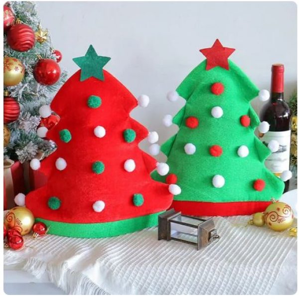 CHRISTMAS HATS – Vibrant Christmas Tree Elf Caps with Plush Poms