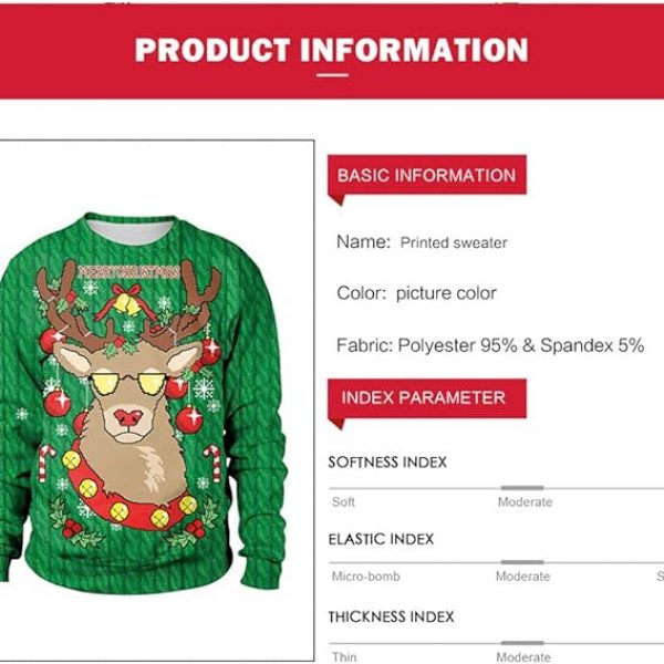 Christmas Holiday Ugly Sweatshirt – Unisex’s 3D Digital Print Pullover Sweatshirt – GREEN REINDEER XL