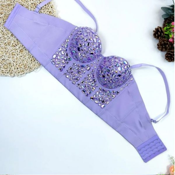 CORSET BUSTIER CROP TOP – HAND SEWN LILAC AB Rhinestone Push Up Bustier Crop TOP