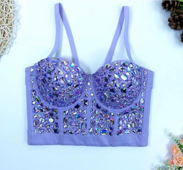 CORSET BUSTIER CROP TOP - HAND SEWN LILAC AB Rhinestone Push Up Bustier Crop TOP