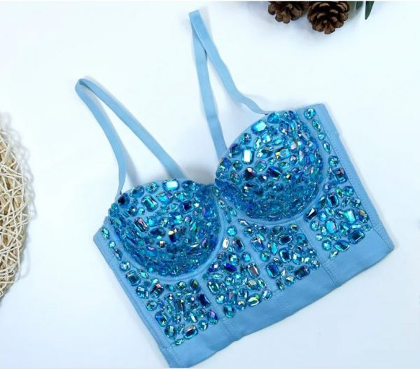 CORSET BUSTIER CROP TOP - HAND SEWN BLUE AB-1 Acrylic Rhinestone Bustier Crop Top - Image 5