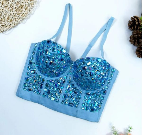CORSET BUSTIER CROP TOP - HAND SEWN BLUE AB-1 Acrylic Rhinestone Bustier Crop Top - Image 3