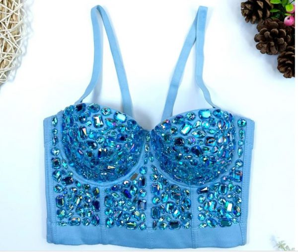 CORSET BUSTIER CROP TOP - HAND SEWN BLUE AB-1 Acrylic Rhinestone Bustier Crop Top