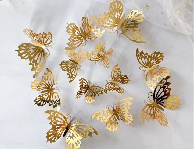 Butterfly Wall Sticker Decoration 3D (Single Layer) – 12Pcs 3D Metallic Paper - GOLD(E)