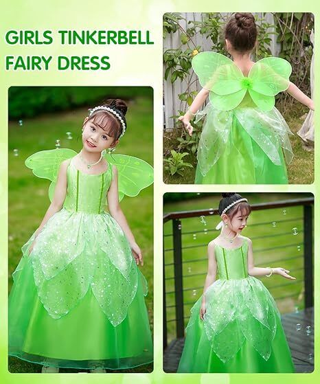 Girls Tiana Tinkerbell Costume Fairy Wing Dress Accessories Set - Image 2