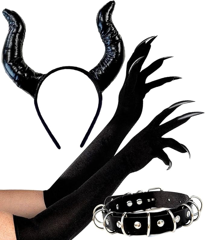 HORNS - Horns, Claw Gloves & Faux Leather Choker Set