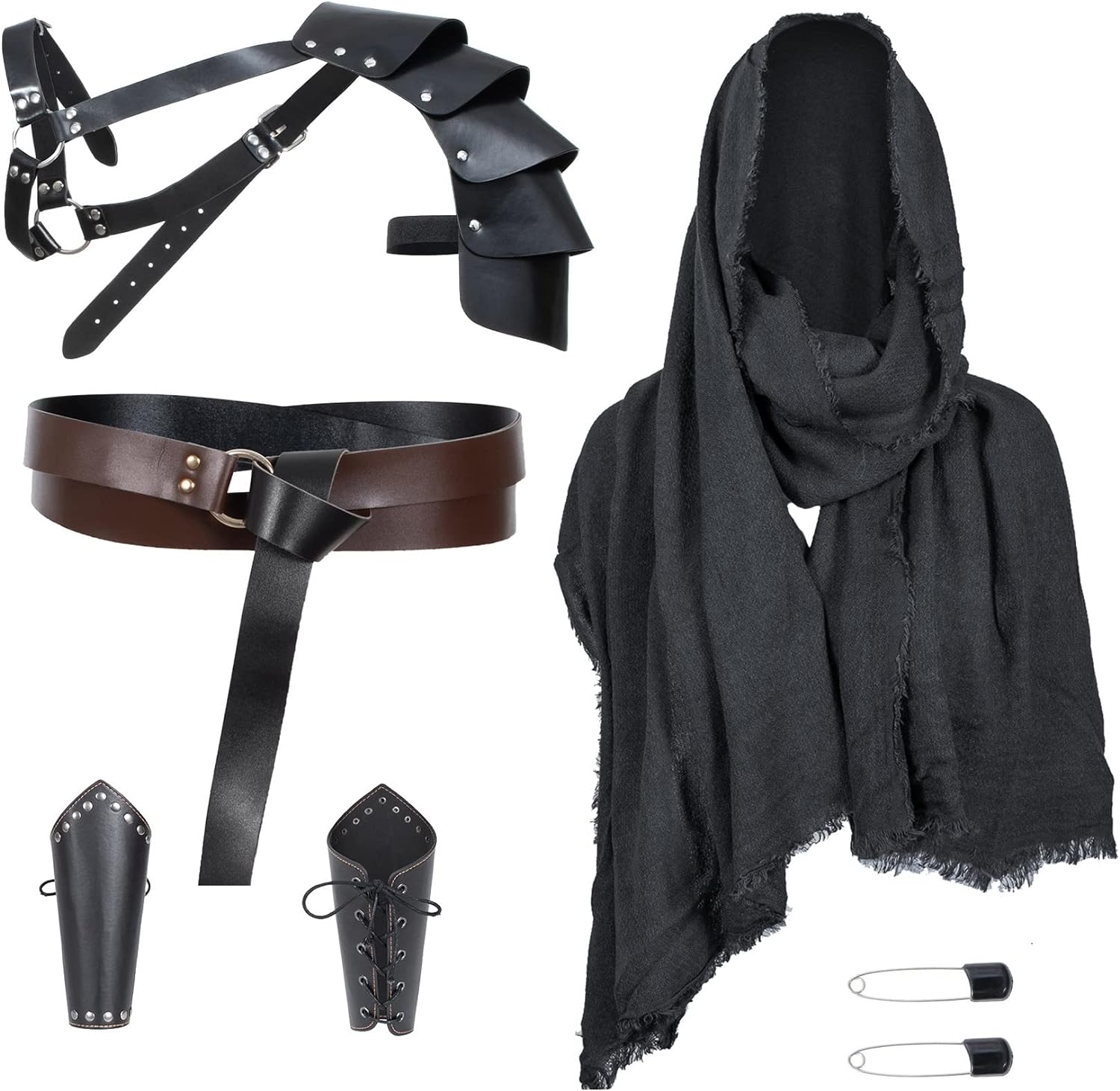 HALLOWEEN - Medieval Knight Leather Belt Shawl Men Renaissance Half Shoulder Cape Scarf Buckle Bracers Retro Accessories