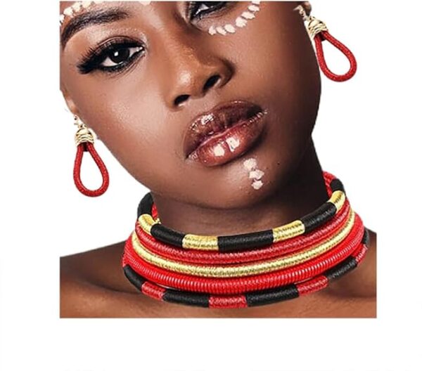 Necklace Set - Multilayer Tribal Colorful African Rope Choker Necklace Set