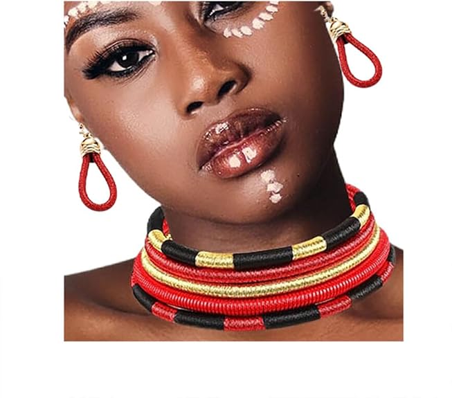 Necklace Set - Multilayer Tribal Colorful African Rope Choker Necklace Set