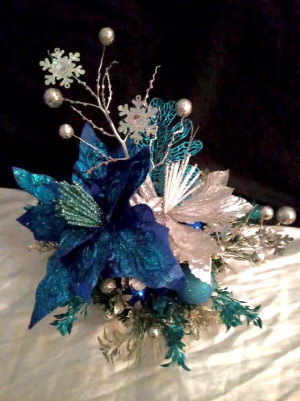 Christmas Decoration - Centerpiece - BLUE/SILVER Poinsettia decorated Christmas centerpiece