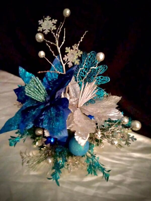 Christmas Decoration - Centerpiece - BLUE/SILVER Poinsettia decorated Christmas centerpiece - Image 3