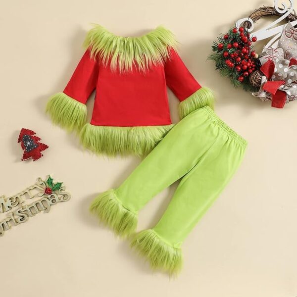 CHILD Green Furry Monster Grinch Christmas Costumes Long Sleeve Top and Pants Set - Image 6