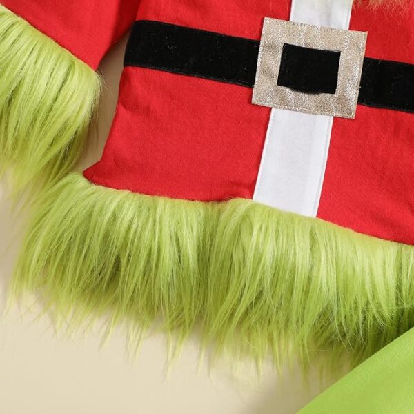 CHILD Green Furry Monster Grinch Christmas Costumes Long Sleeve Top and Pants Set - Image 4