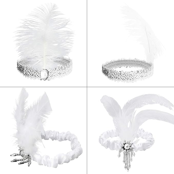 Flapper Sequin/Feather Headband – 1920s WHITE Flapper Headband