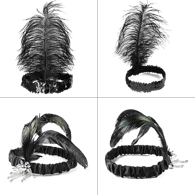 Flapper Sequin/Feather Headband – 1920s BLACK Flapper Headband