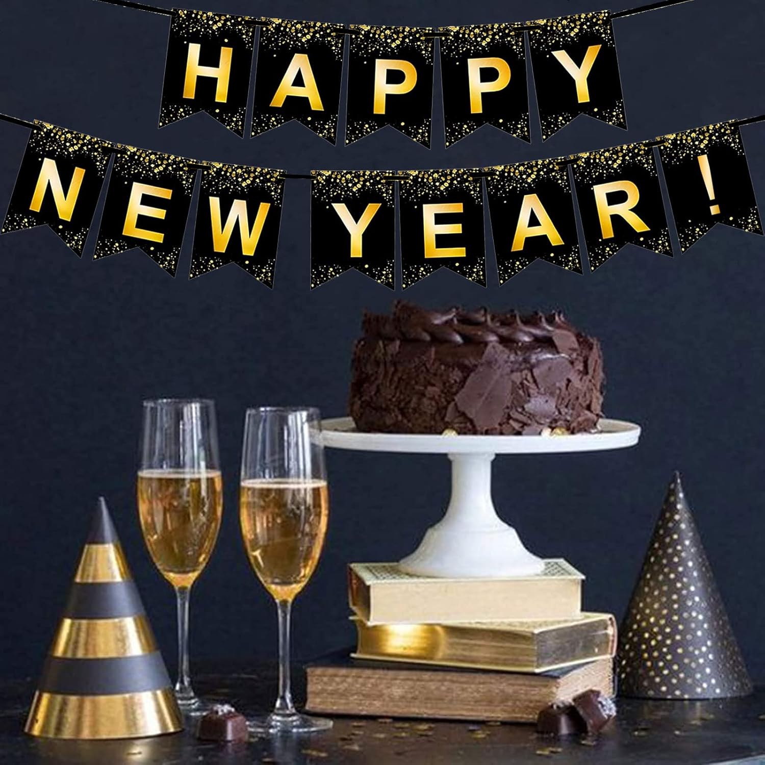 PARTY DECORATIONS - Happy New Years Eve Party Banner Decoration - Gold and Black