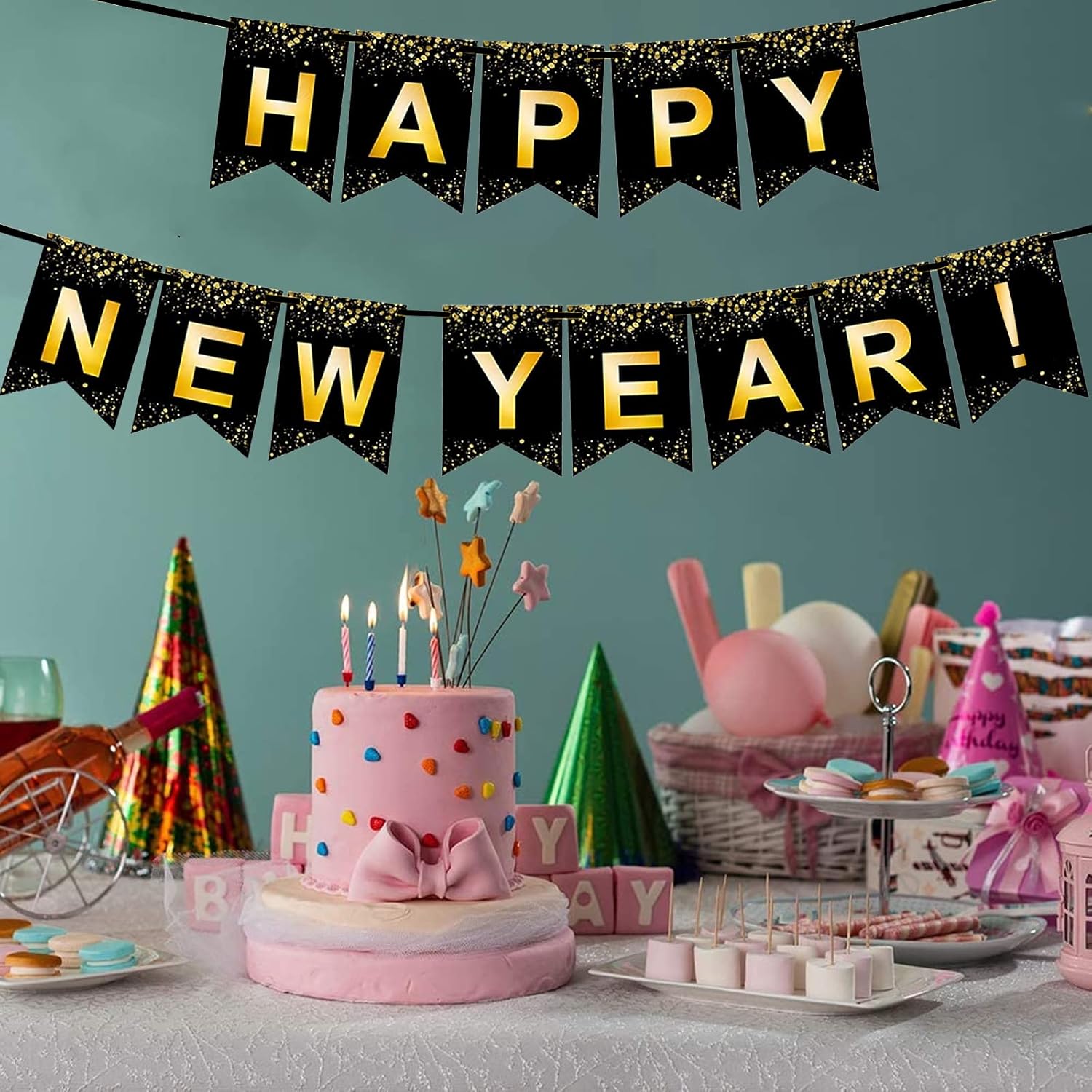 PARTY DECORATIONS - Happy New Years Eve Party Banner Decoration - Gold and Black - Image 2