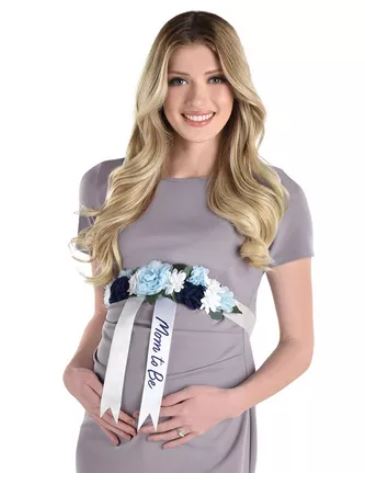 Celebration Award Pins - Mom-to-Be Ribbon Sash Blue Floral 4ft - Baby in Bloom
