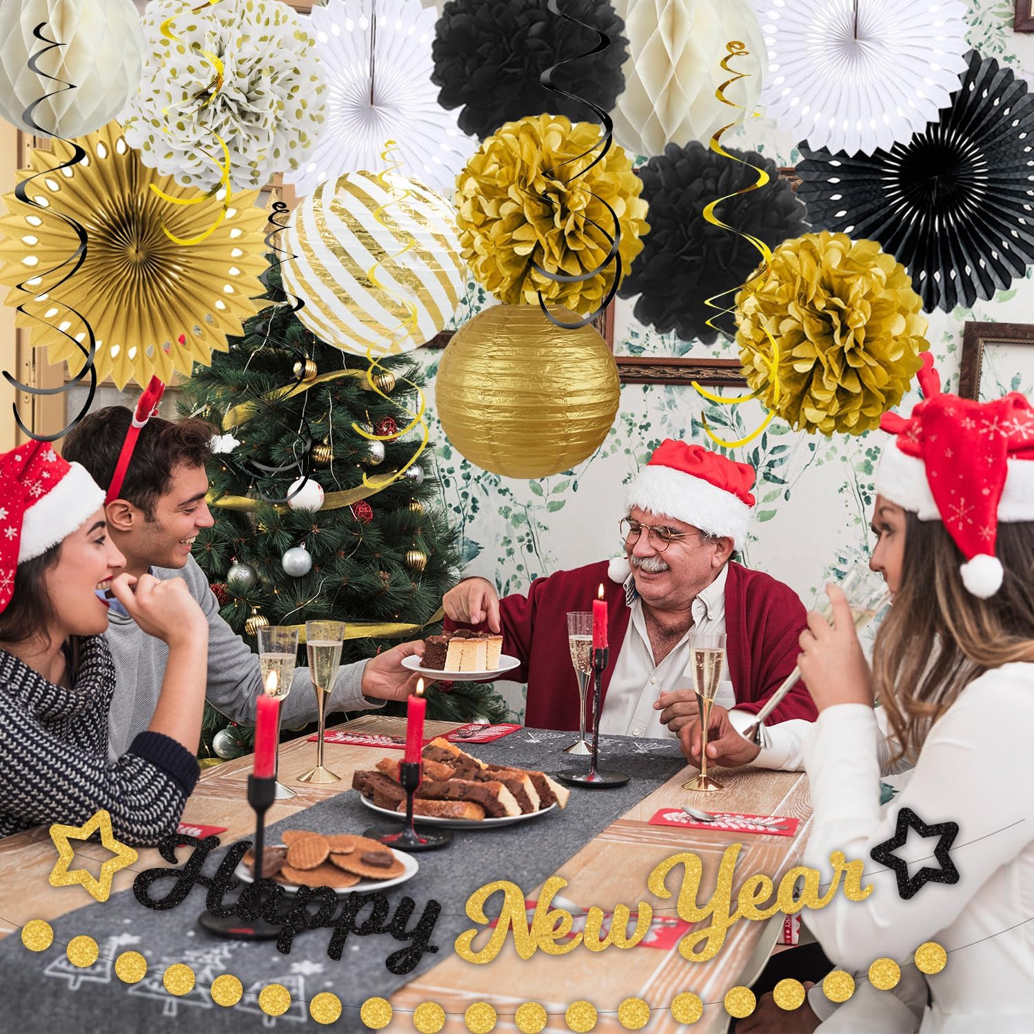 PARTY DECORATIONS - Happy New Years Pom-Pom Streamer Decorations Kit - Image 4