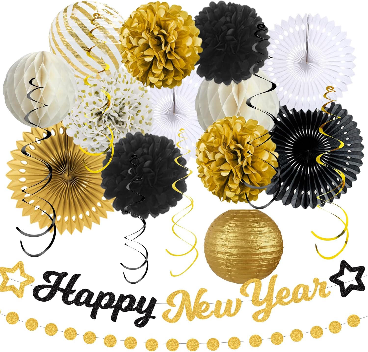 PARTY DECORATIONS - Happy New Years Pom-Pom Streamer Decorations Kit
