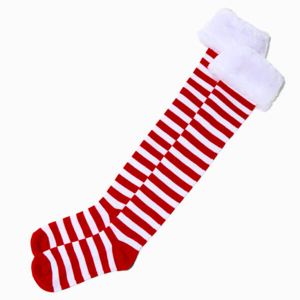 SOCKS - Christmas Red & White Stiped Fur trim over Knee socks
