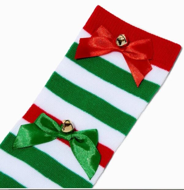 SOCKS - Christmas Over the Knee Green & Red Stripped Bow Socks - Image 2