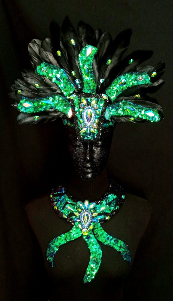 Midnight Ocean Carnival Feather Rhinestone Head and Collar piece set