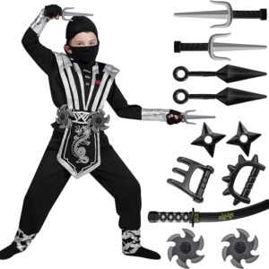 HALLOWEEN - BOY SILVER/BLACK Ninja costume with Ninja Accessory Toys Set SIZE XLARGE(12-14)