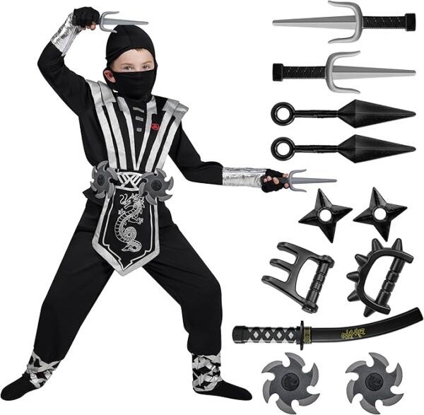 HALLOWEEN - BOY SILVER/BLACK Ninja costume with Ninja Accessory Toys Set SIZE XLARGE(12-14)