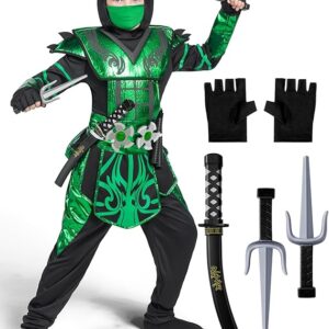 HALLOWEEN - BOY GREEN Ninja costume with Ninja Accessory Toys Set SIZE LARGE(10-12)