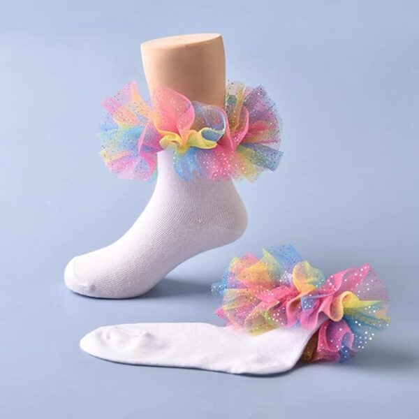 SOCKS - Kids Toddler Girls Cotton Socks with Rainbow Lace Ruffle Trim - Image 2