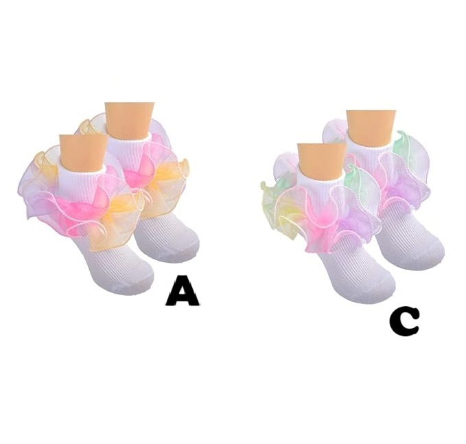 SOCKS - Kids Toddler Girls Double Lace Shimmering Big Ruffle Rainbow Socks SIZE 4-6