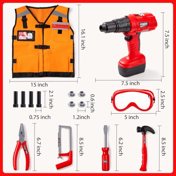 Career Day CONSTRUCTION - 26Pcs Kid Tool Set, Pretend Play Toddler Construction Worker Costume & Electronic Toy Drill in Storage Box - Image 5