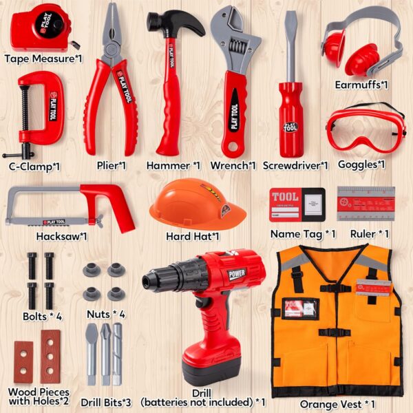 Career Day CONSTRUCTION - 26Pcs Kid Tool Set, Pretend Play Toddler Construction Worker Costume & Electronic Toy Drill in Storage Box - Image 4
