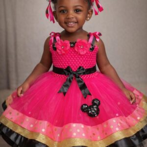 CUSTOM MADE Child tutu dress - PINK/BLACK/GOLD extra fluffy Minnie Mouse inspired flower tutu ribbon dress SIZE: Fits 1-3yrs