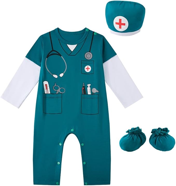 Career Day DOCTOR – Baby Boy Teal Surgeon Uniform with Hat + Booties SIZE 12-18MONTHS