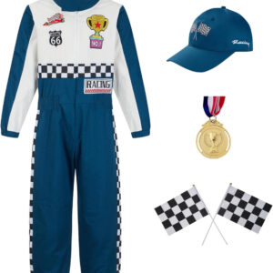 Career Day RACE CAR DRIVER – Boy Girl Racing Suit Kids Racer Jumpsuit Set with Cap Medal and Flags TEAL BLUE SIZE 12-14