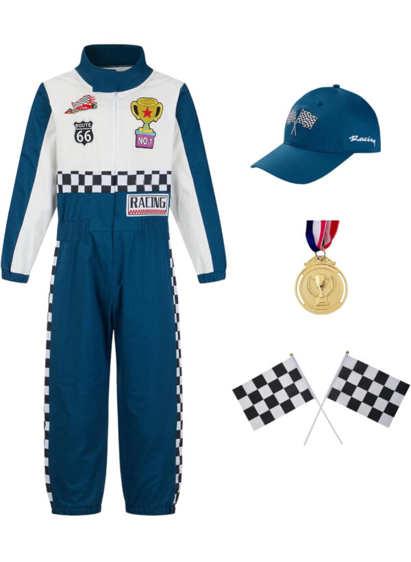 Career Day RACE CAR DRIVER – Boy Girl Racing Suit Kids Racer Jumpsuit Set with Cap Medal and Flags TEAL BLUE SIZE 12-14